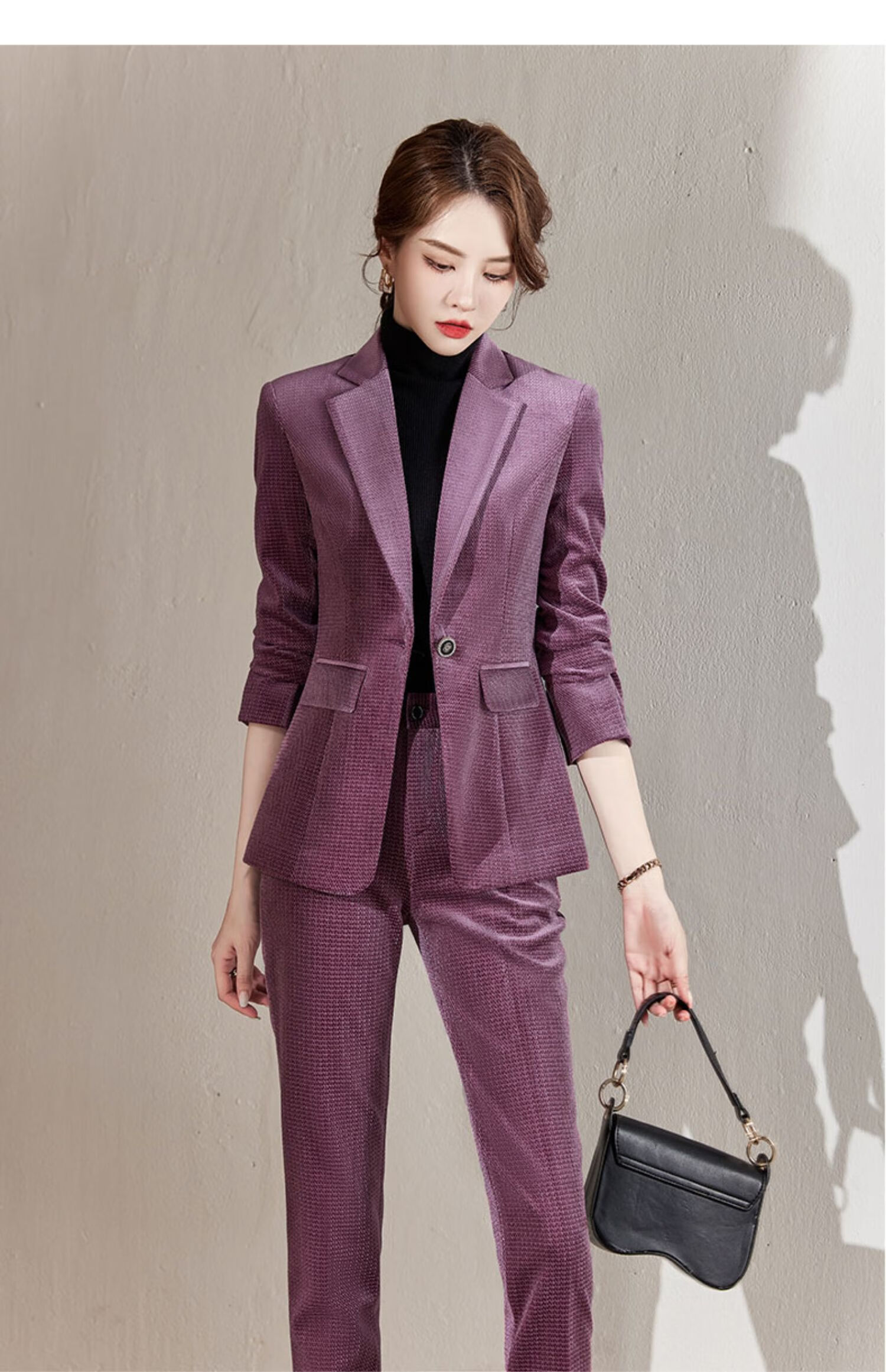 铂朗尼奥 金丝绒小西装小个子上衣紫色套装女修身春秋高级感气质休闲