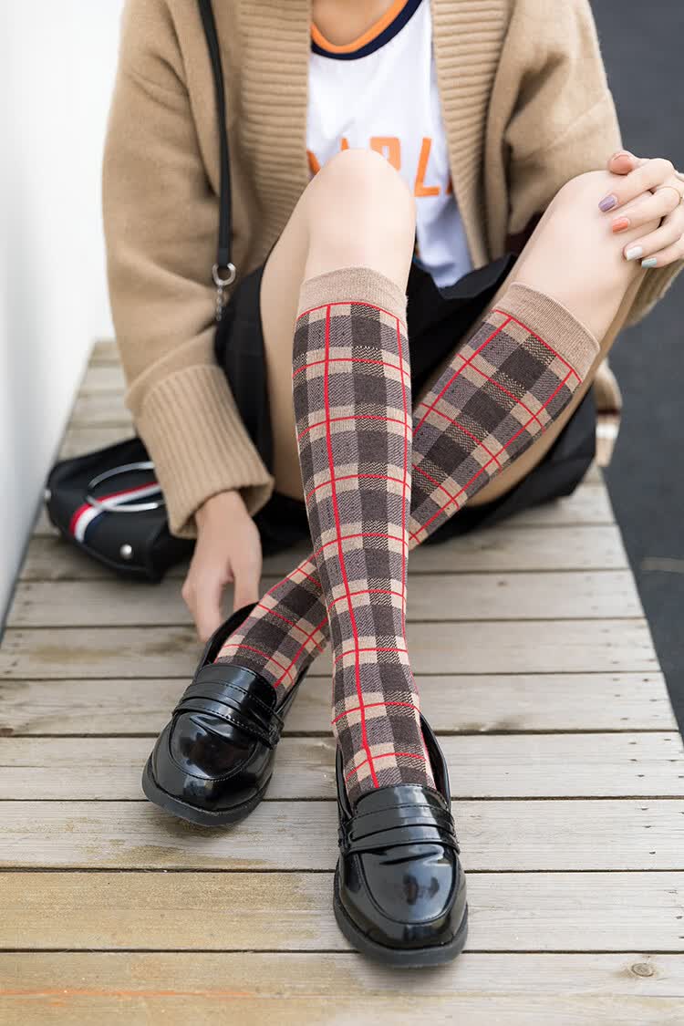 英伦格子小腿袜女袜子秋冬季长配小皮鞋的女袜个性潮日系韩国纯棉长袜