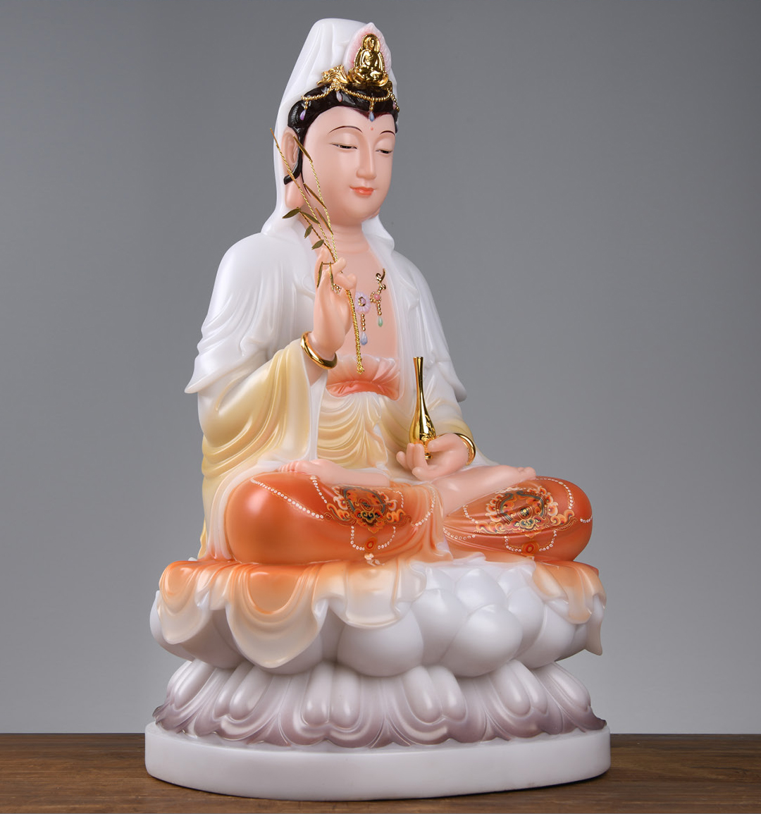 益心阁 观音佛像供奉家用石雕娑婆三圣全堂佛汉白玉坐莲观世音菩萨