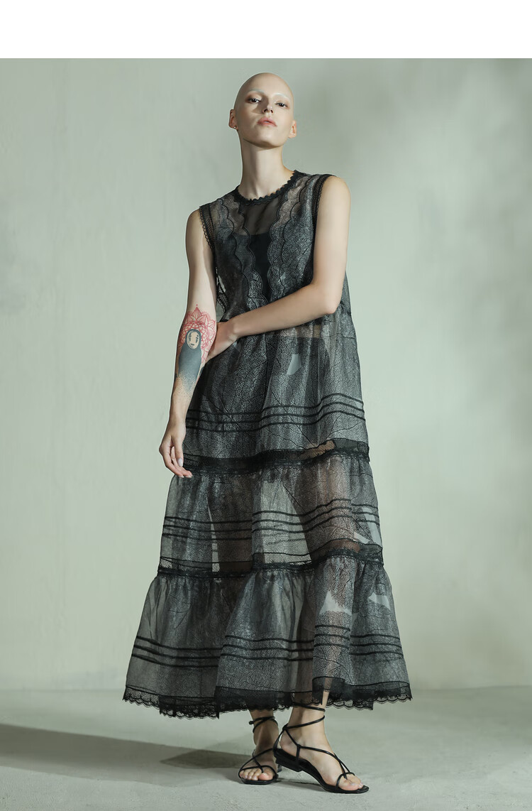 达衣岩优雅透视长款2022年夏季新品无袖花边连衣裙女朝暮红s