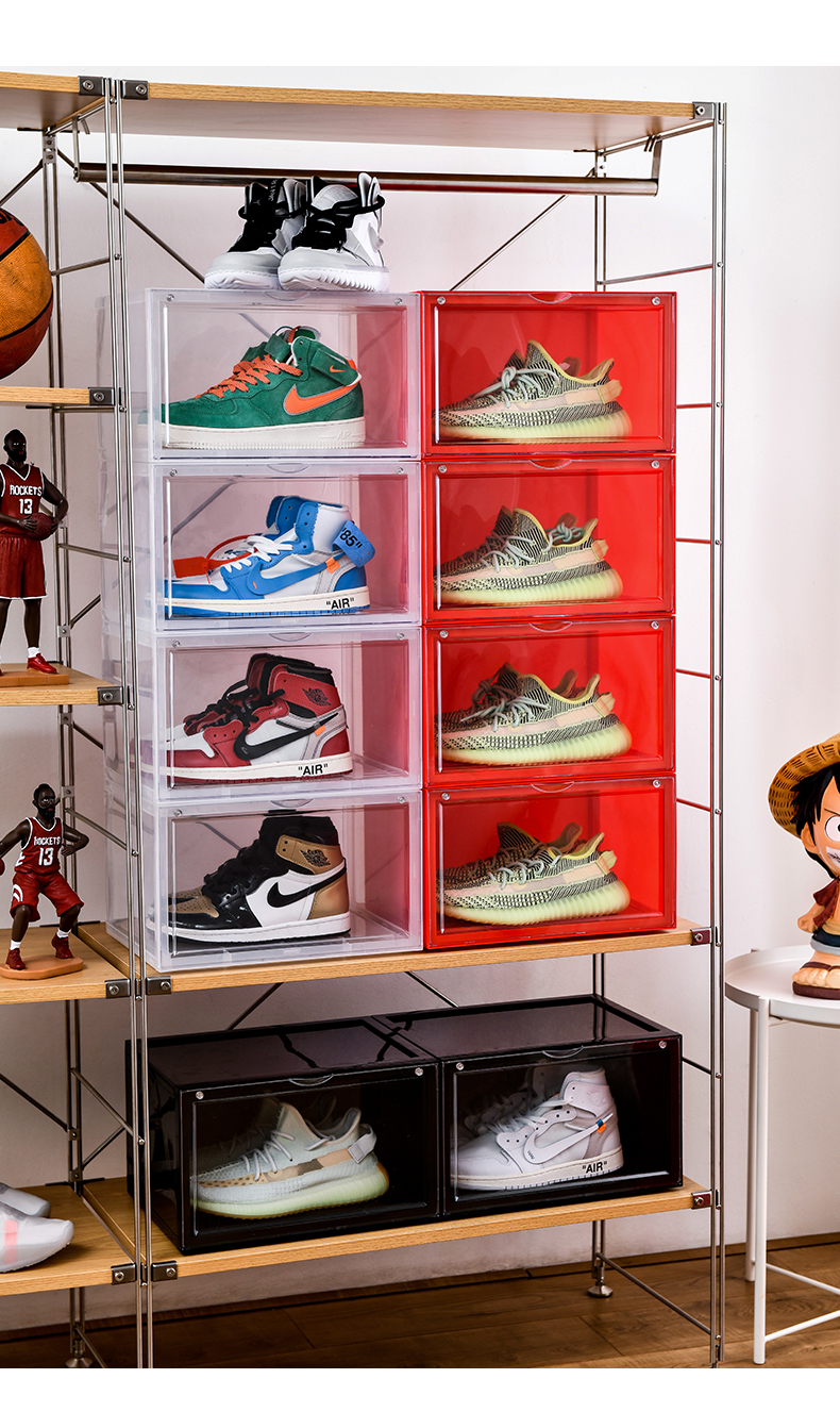 侧开门篮球鞋收纳盒aj磁吸亚克力鞋盒透明侧开门篮球鞋墙防氧化防尘网