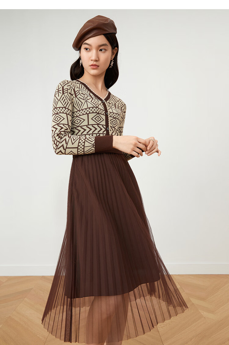 影儿yiner音儿女装2021秋季新款针织拼接网纱百褶连衣裙杏色36