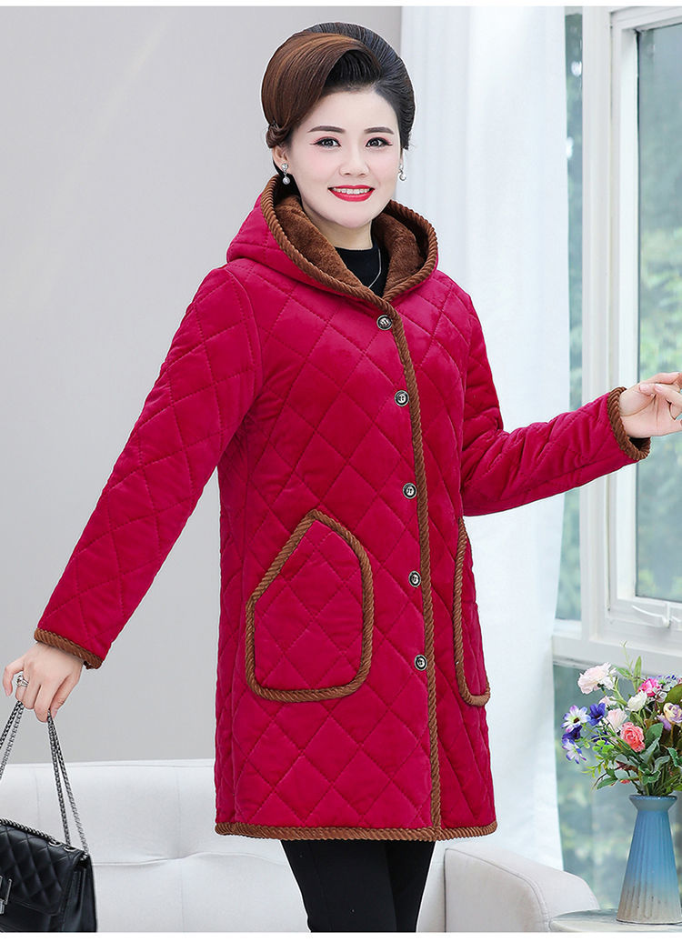 精选冬季妈妈装棉袄加厚加绒夹棉保暖罩衣中老年女装中长款金丝绒棉服