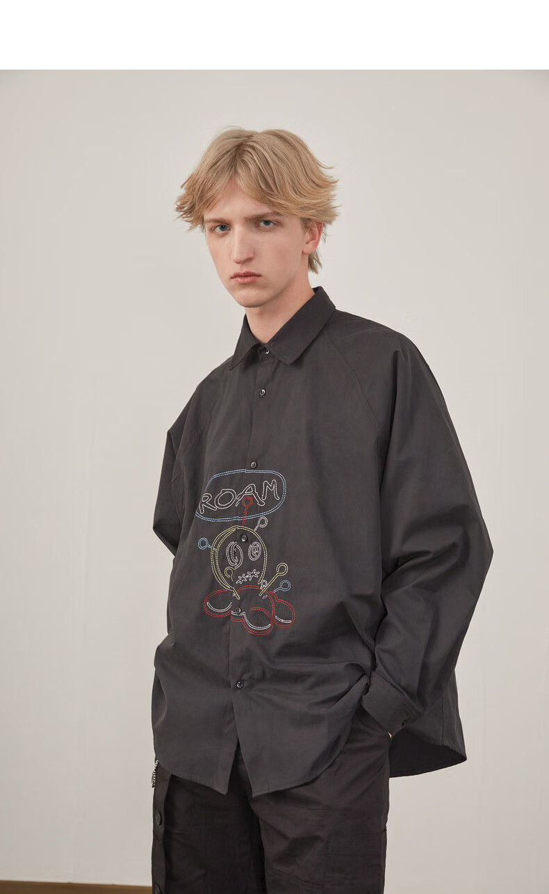 bosie春新款长袖衬衫男情侣刺绣个性翻领宽松女休闲衬衣潮08204 黑色