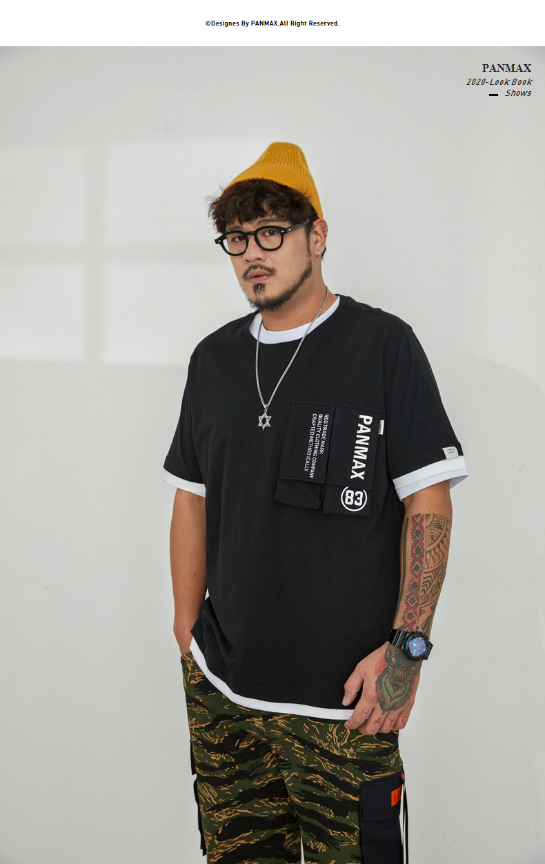 panmax大码港风工装假两件半袖潮牌胖子男装黑色字母印花短袖t恤 黑色