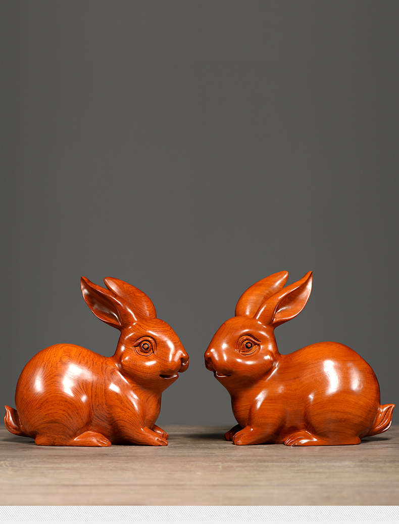 奈希森花梨木雕刻福财兔子摆件创意可爱实木质客厅十二