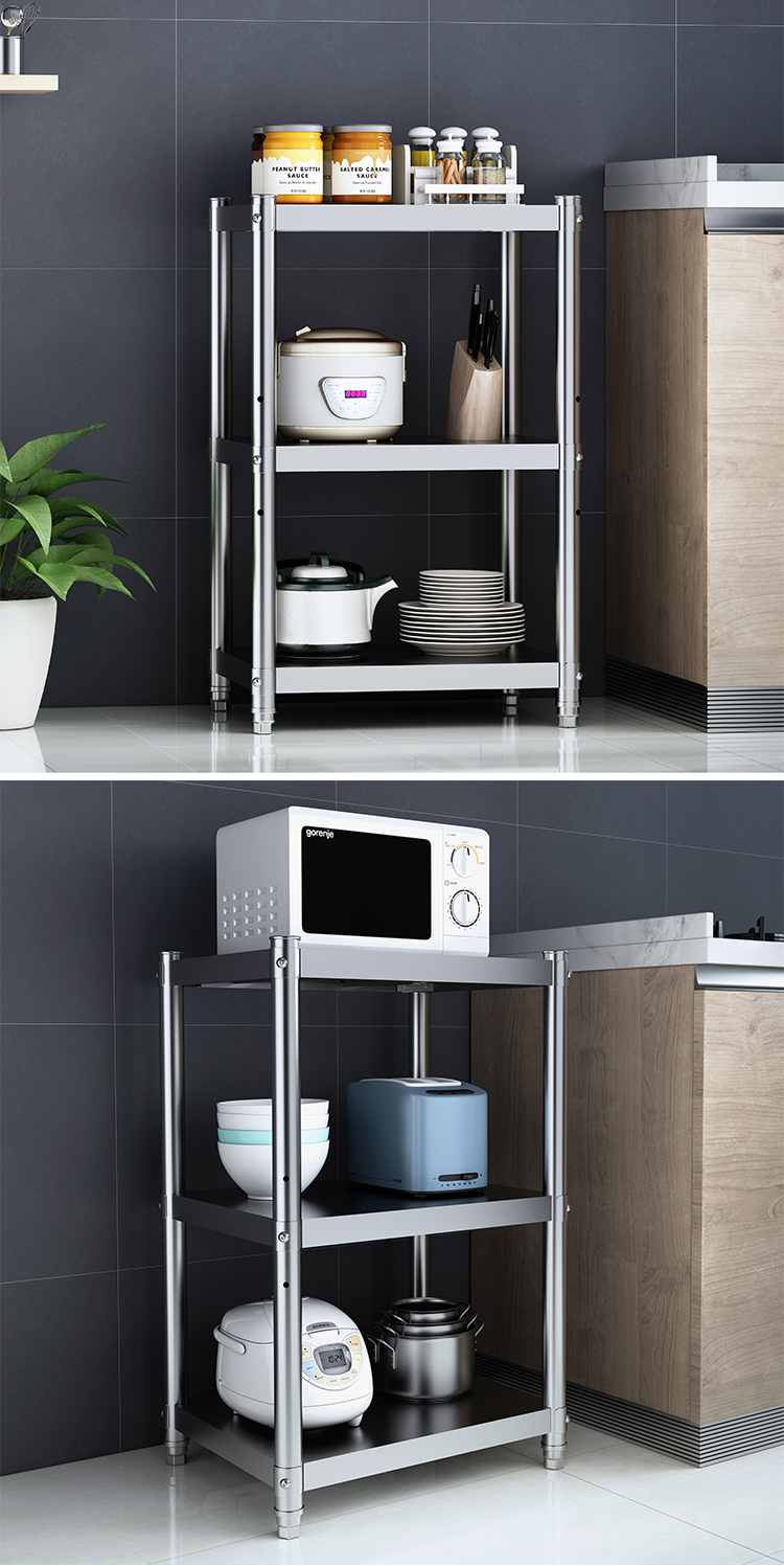 适用不锈钢厨房置物架家用落地3层收纳锅架微波炉架子烤箱架储物菜架