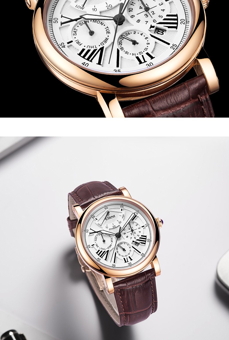 西亚尼cirni手表男机械全自动2020潮品牌时尚款真皮带防水罗马男士白