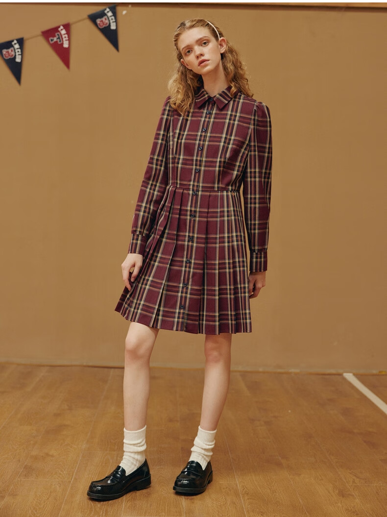 teenieweenie小熊连衣裙女冬季新款女格纹长裙ttow218904n酒红色165m