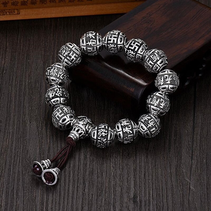 藏银佛珠六字真言禅心经男女士手链复古貔貅八卦金钱手串 六字真言12