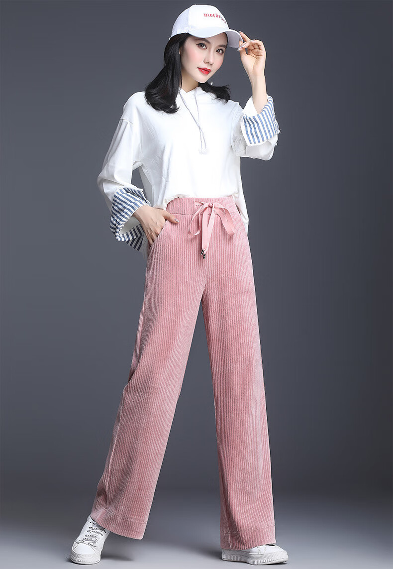 灯蕊绒阔腿裤女长款宽松秋季ol韩版灯芯条绒扩腿宽腿裤女高腰抽带舒适
