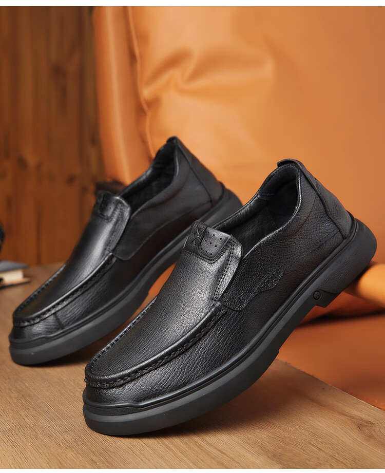 渡诺班尼大头皮鞋男春秋一脚蹬男鞋头层牛皮休闲鞋宽脚中年男士爸爸鞋