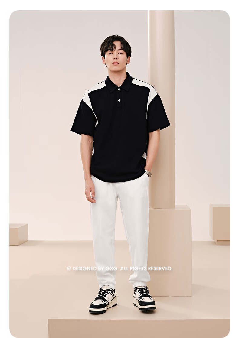 GXG Men's Side Color-Block Spliced Polo Shirt, Short Sleeve, Summer, Black, Size M 5