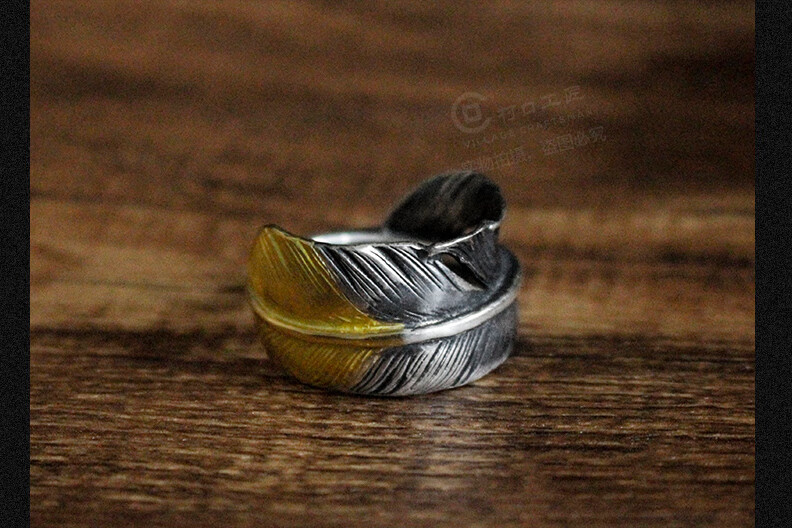 高桥吾郎羽毛戒指 村口工匠高桥吾郎goros素羽点金蔷薇花xl羽毛戒指银