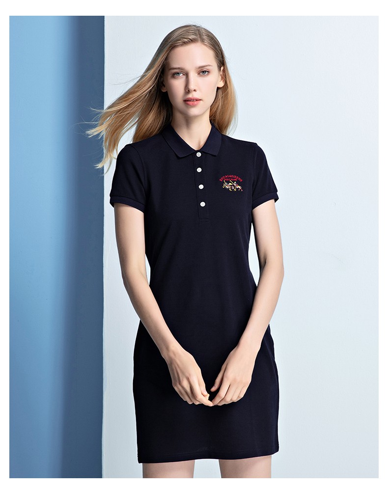 保罗女装夏polo领纯色连衣裙中长款翻领休闲修身全棉运动裙a字裙白色