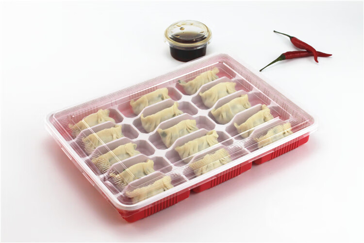 速冻饺子盒一次性饺子盒带盖100只饺子打包盒外卖小馄饨盒 椭圆形红白
