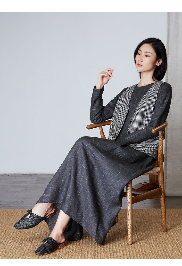 qtu棉麻女装圆领亚麻色织格纹长袖连衣裙女简约大气长裙子lq2366灰紫