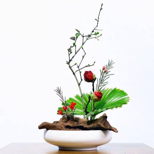 剑山中式插花器皿陶瓷插花圆盘日式小原流花器禅意盆景花盆花盘直径46