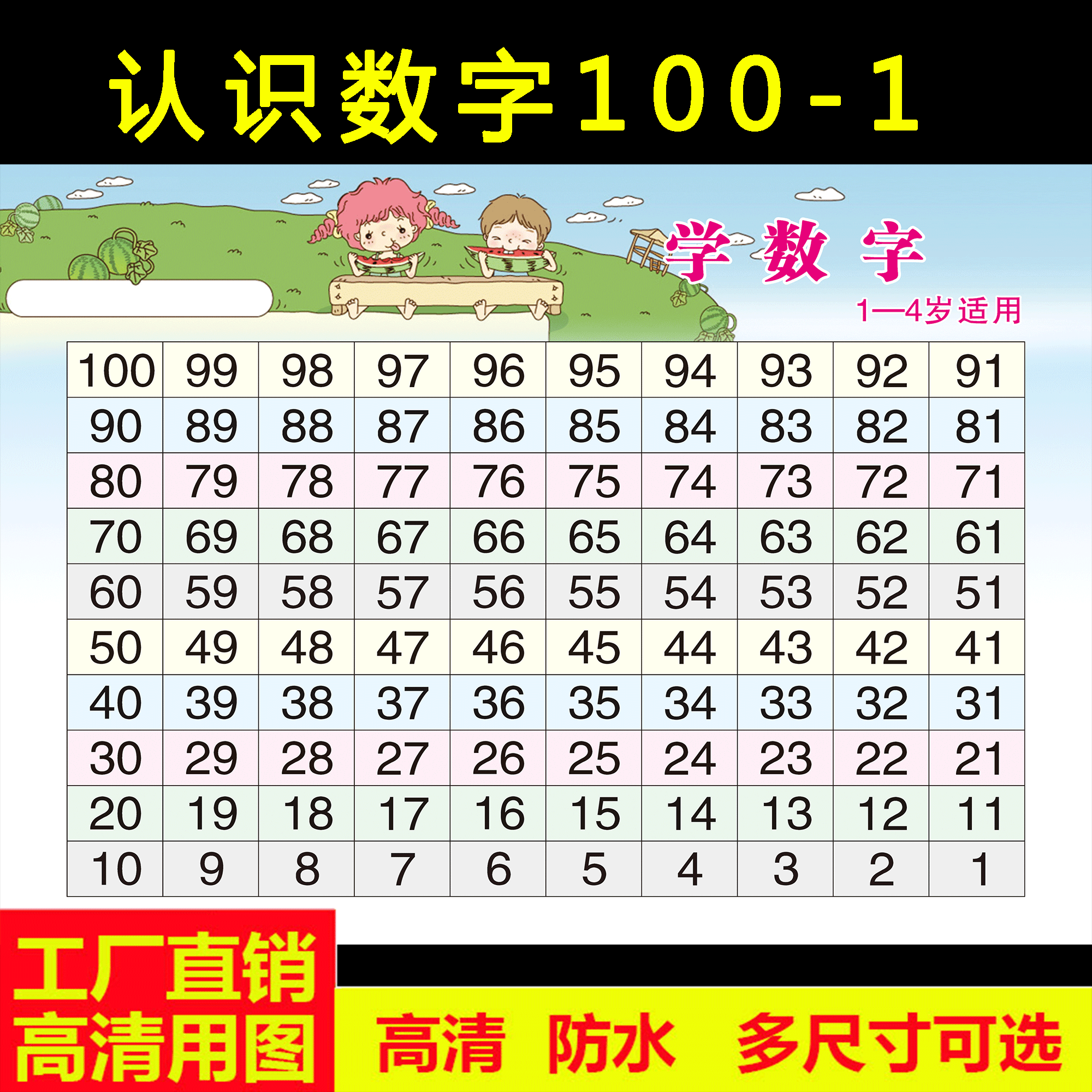 【京选优品】单双数认知数字挂图1到100儿童宝宝认数海报10以内加减