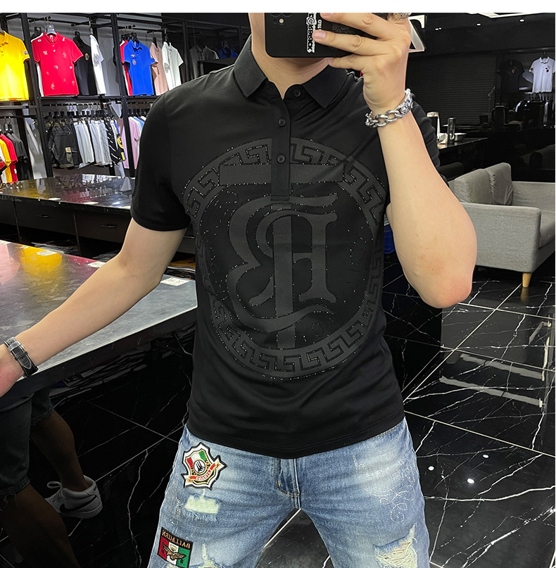 alua轻奢潮牌夏季男士短袖polo衫修身字母印花烫钻翻领保罗衫高端男装