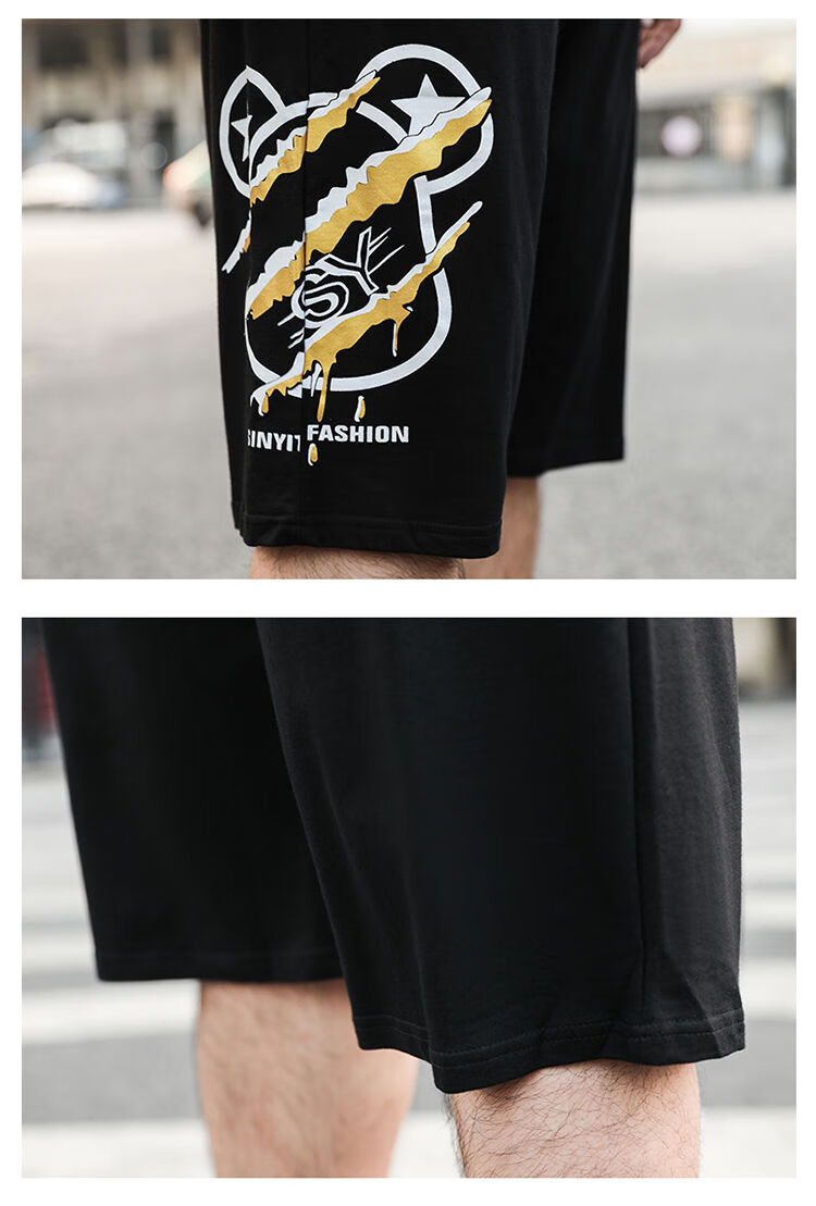 金枪鸟 夏季超大码休闲印花七分裤男宽松肥佬加肥加大运动男胖子薄款