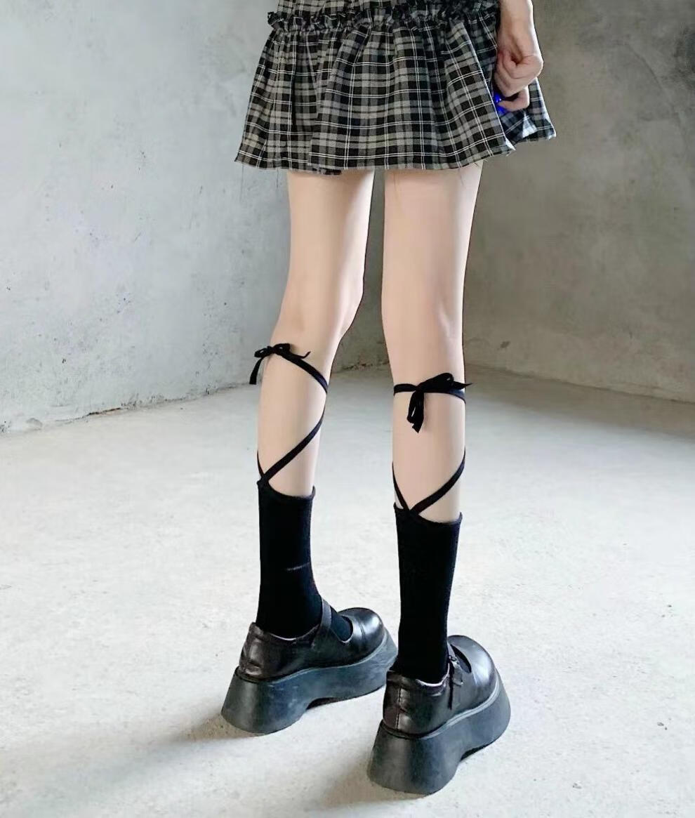 suidou绑带袜子女日系jk系带交叉中筒长袜lolita黑色小腿袜白色ins潮