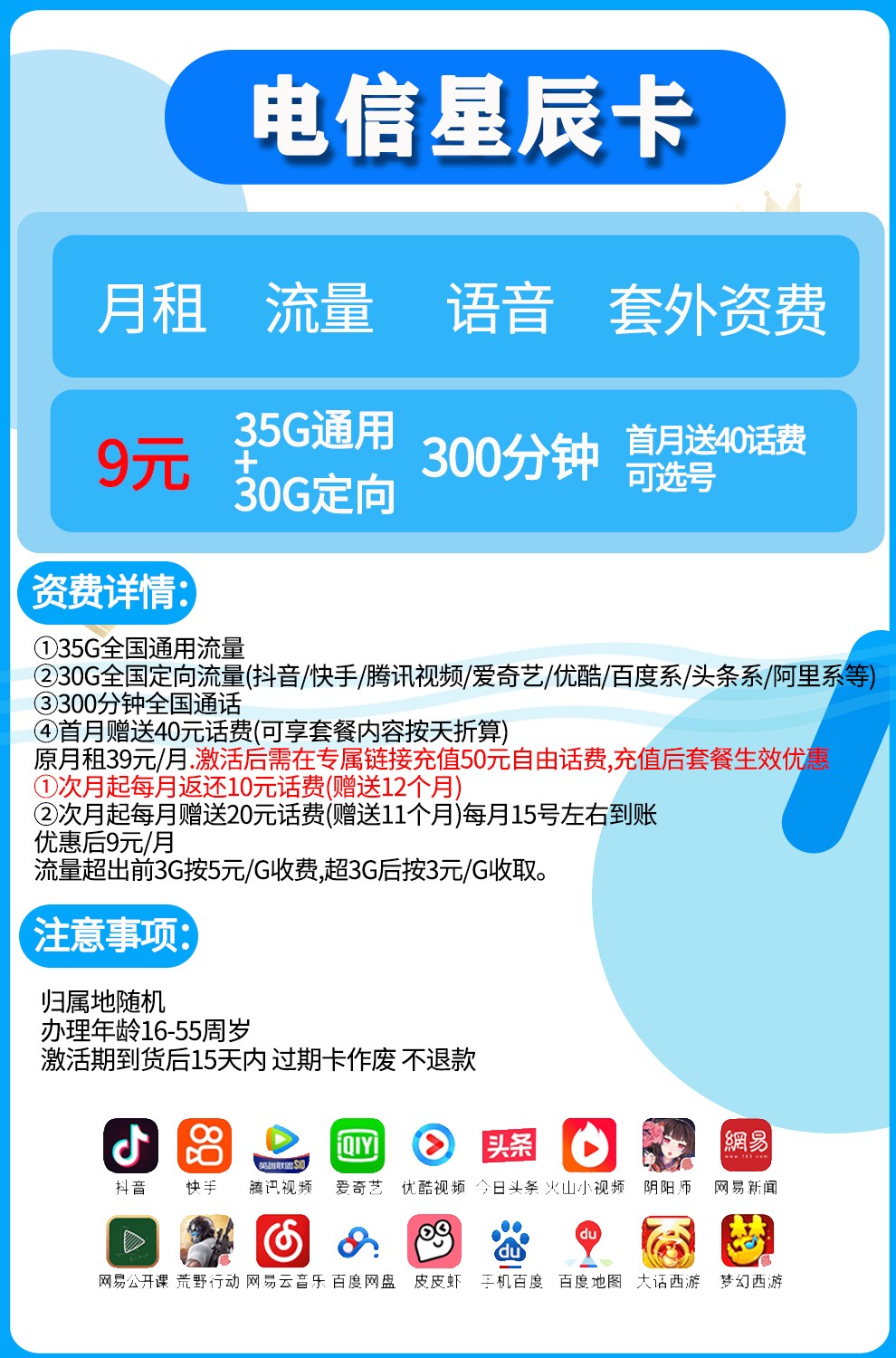 中國電信 電信無限流量卡通用流量不限速4g手機電話卡全國通用5g卡上