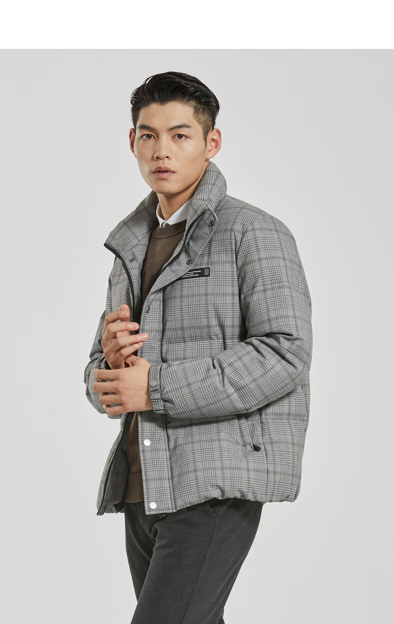 利郎男装色织格纹羽绒服男短款冬季新款白鸭绒冬季外套 黑灰间色(g2d