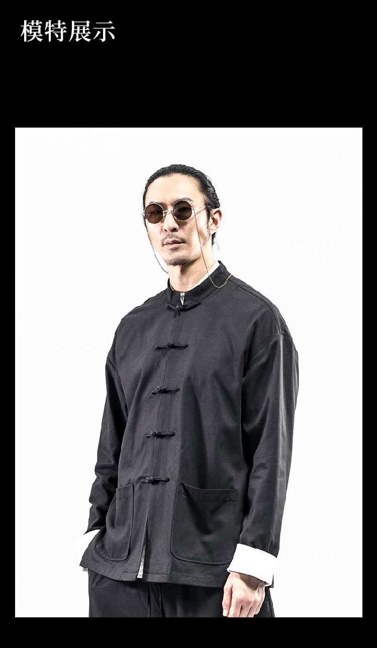 男青年套装中式复古男士外套中山装汉服冬季中国风男装潮 黑袖口3件套