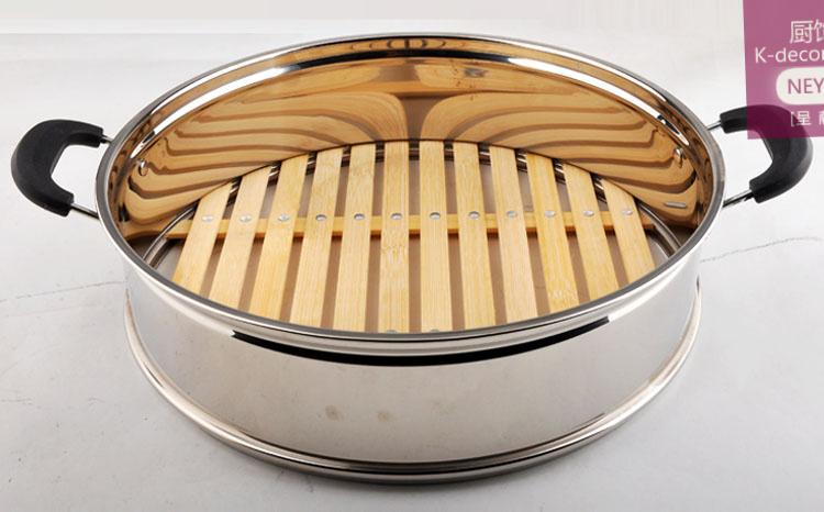 厨饰 竹底蒸笼蒸格竹笼屉不锈钢蒸屉格子通用平口笼 28cm竹底不锈钢