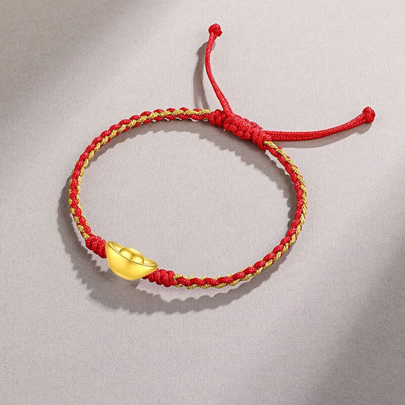 【七夕情人节礼物】老凤凰黄金手链女金元宝转运珠金丝线本命年红绳