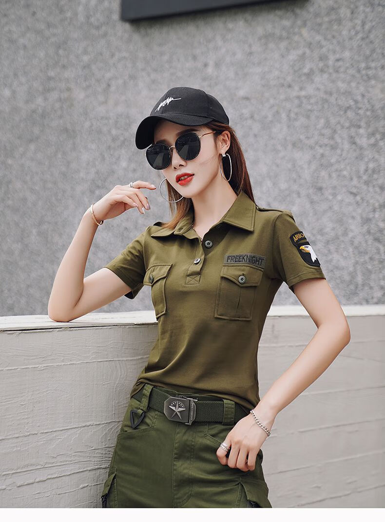 女兵2022新款夏季迷彩短袖恤女潮工装上衣显瘦弹力宽松水兵舞服装潮