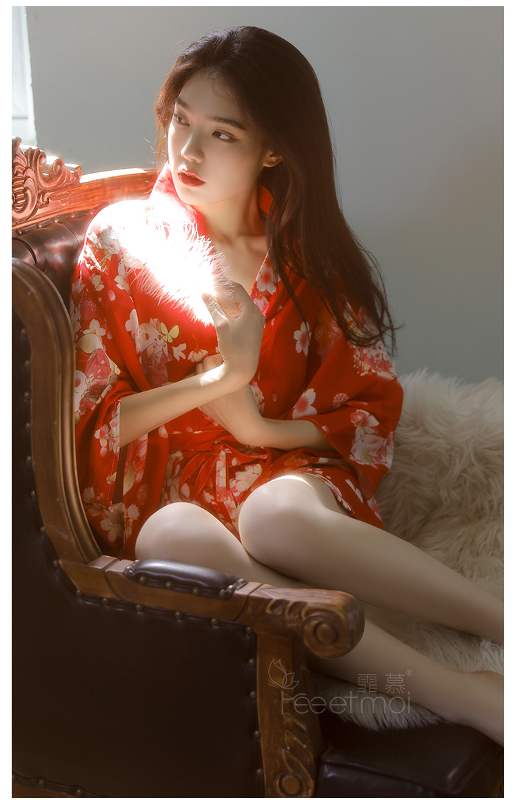霏慕情趣内衣日系樱花猫印花和服睡袍套装7971女士古典和服制服诱惑