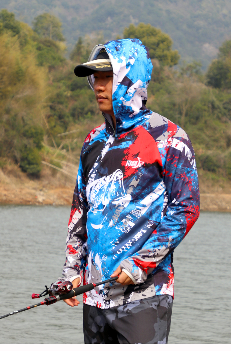 新品皮肤衣男士透气冰丝带帽户外新款长款大码夏季白色百搭款海霸图案