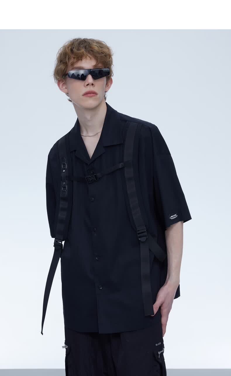 bosie2021年夏季新款背带元素衬衫机能风情侣男衬衣黑色xs