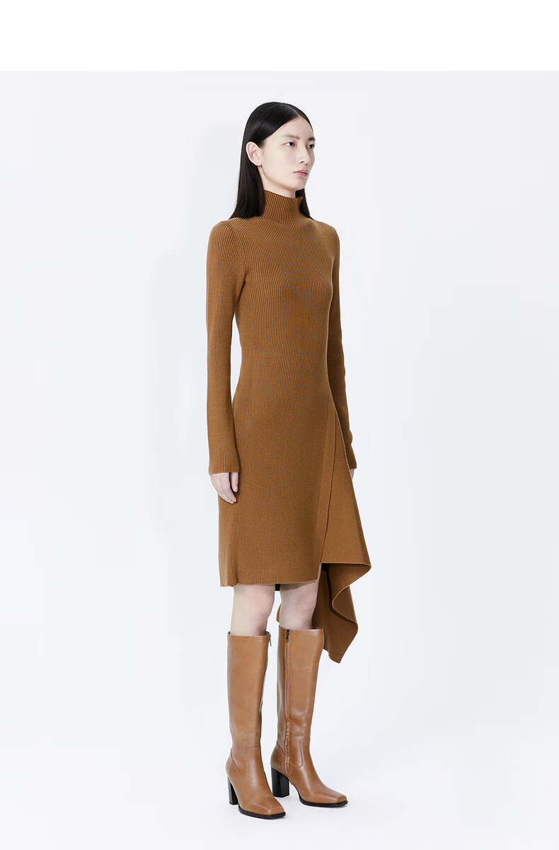 jnby江南布衣连衣裙女简约不规则复古收腰针织裙5k8840760218黄咖xl