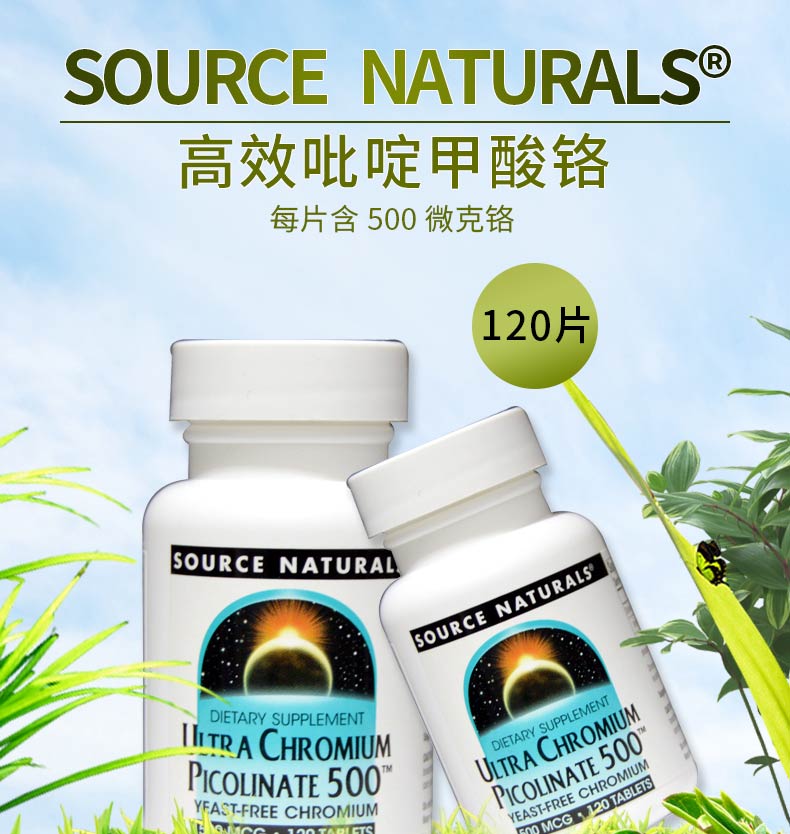 sourcenaturals高效吡啶甲酸铬片500微克120片降糖降低胆固醇缓解抑郁