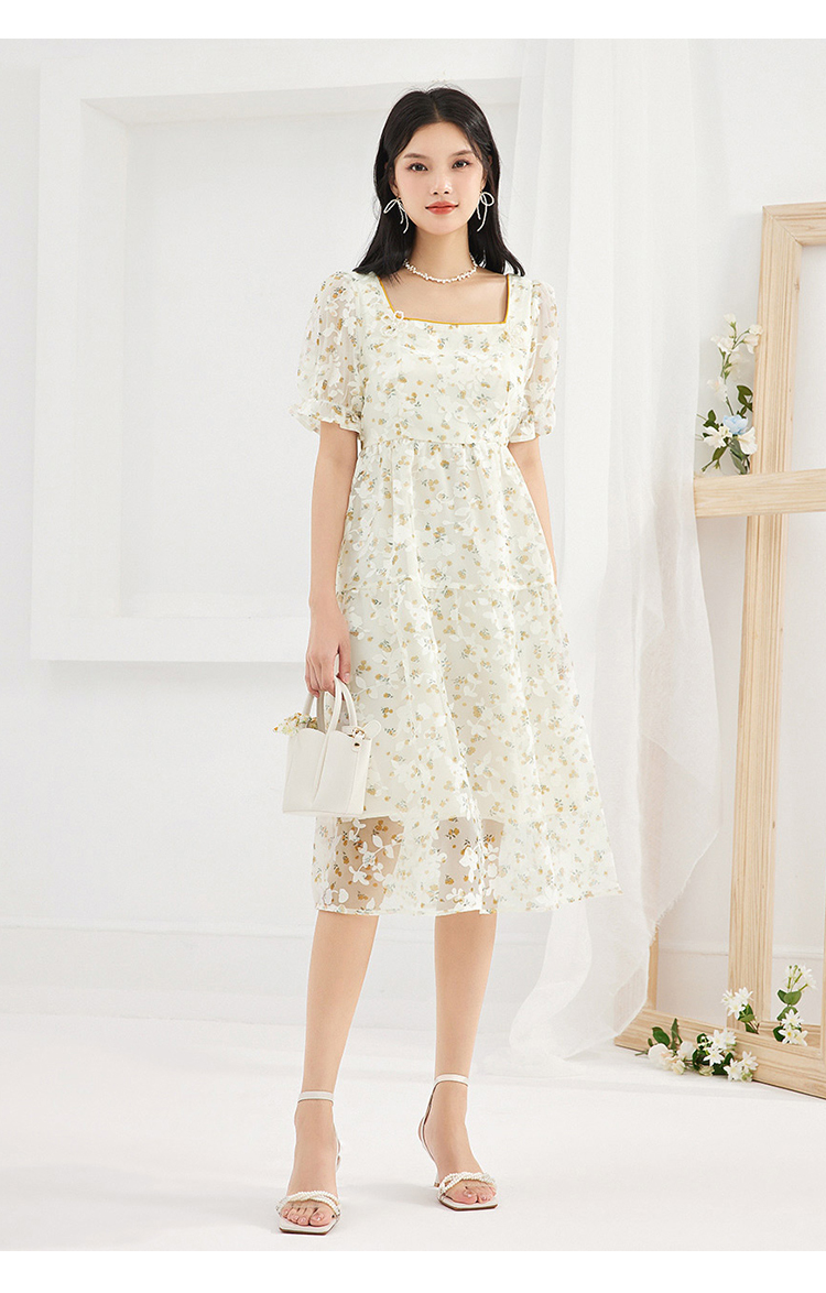 ief/爱依服2022夏新款法式碎花连衣裙高腰氛围感仙女纯欲风中长裙3401