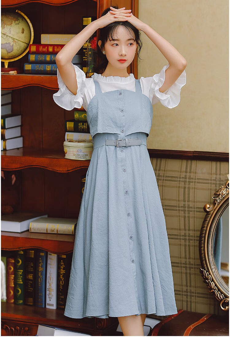 裙子仙女仙森系连衣裙2020女装新款春夏季套装韩版学生背带长裙少女装