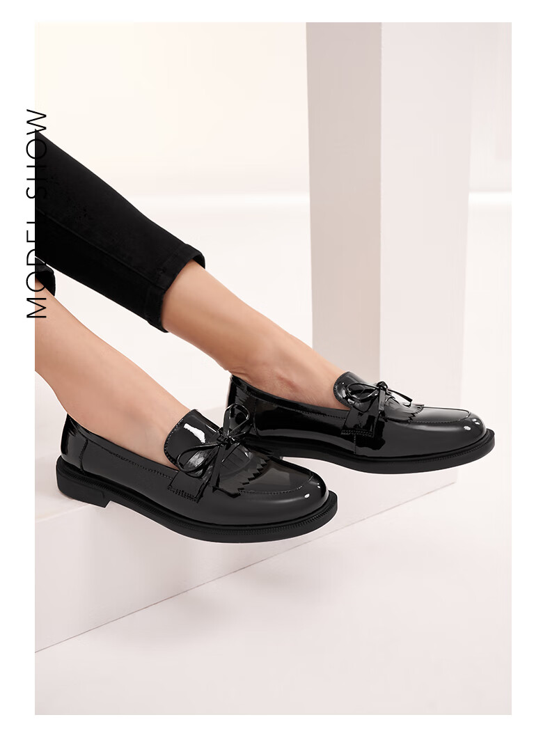 热风乐福鞋女2022年春季商场同款新款女士时尚平底英伦风小皮鞋01黑色