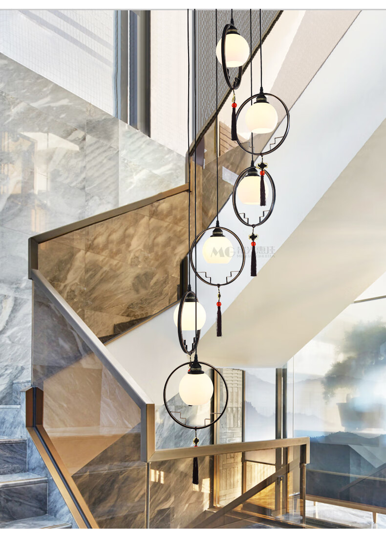 中式楼梯吊灯中国风别墅复式楼中楼跃层现代新中式中空客厅灯 直径100