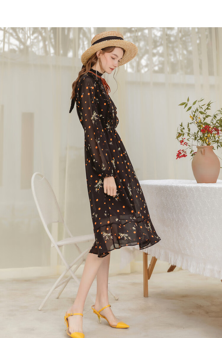 lagogo拉谷谷2020年春季新款蛋糕燕尾碎花裙波点立领圆点雪纺连衣裙女