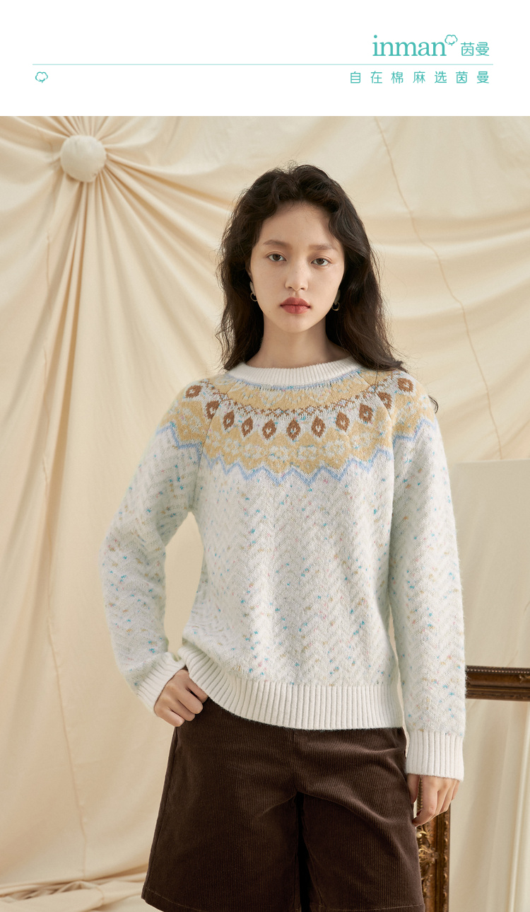 茵曼2021冬季新款女圆领复古提花显瘦叠穿宽松针织套头毛衣【1814712