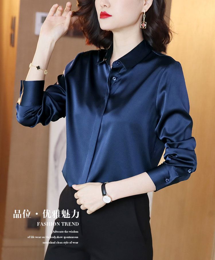 高端真丝缎面衬衫女长袖职业装上衣时尚韩版桑蚕丝衬衣藏青色m80110斤
