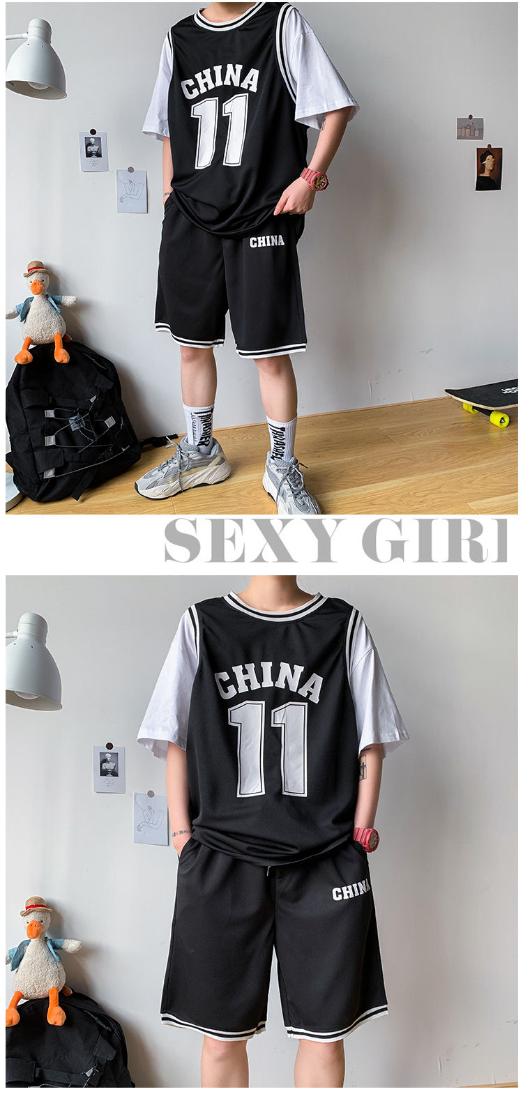牵魅篮球服短袖短裤一套搭配帅气短袖t恤假两件ins潮流夏季潮牌篮球服