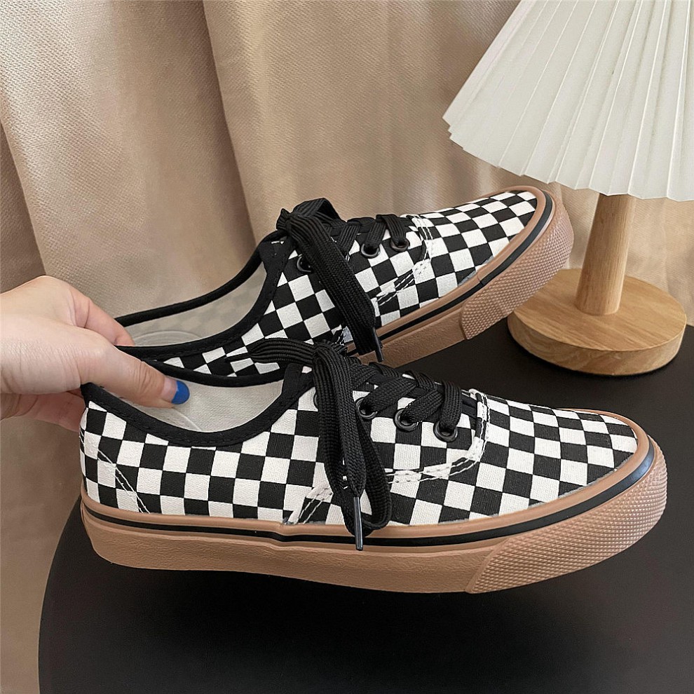 棋盘格鞋黑白棋盘格子帆布鞋女秋季低帮休闲板鞋韩版百搭情侣鞋子潮男