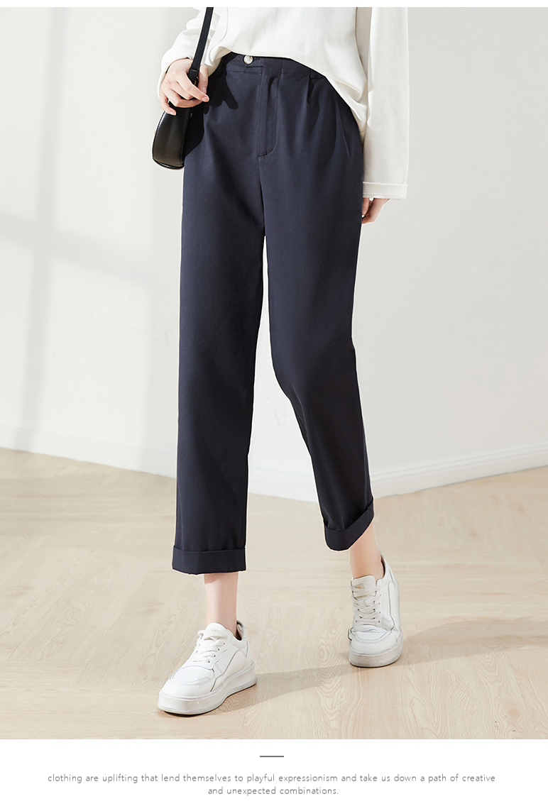 sofsil索菲丝尔藏青天丝棉直筒裤女2022春季新款宽松休闲裤子九分女裤