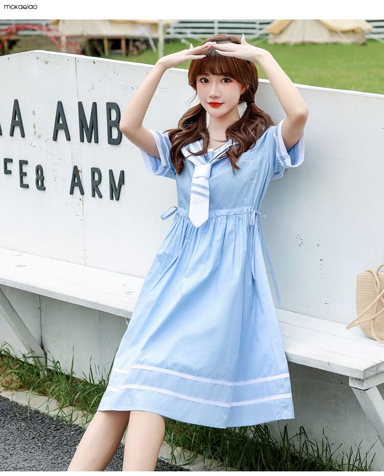 款仙女裙少女学生热天学院风宽松中长裙女装潮藏青色m建议体重90108斤