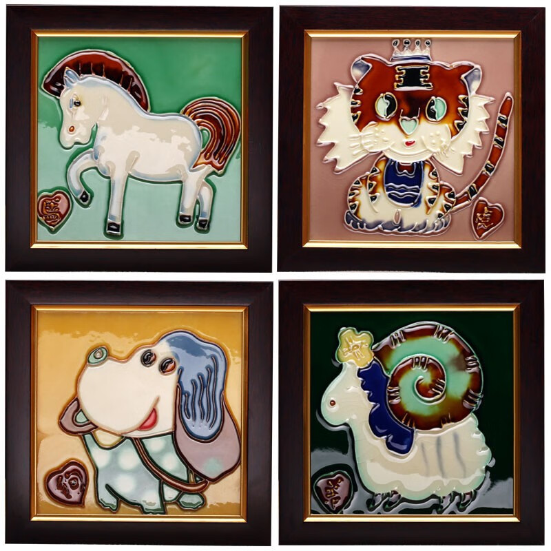 刻沫 十二生肖瓷版画 属相装饰画挂画 仿古唐三彩手工艺品摆件 龙