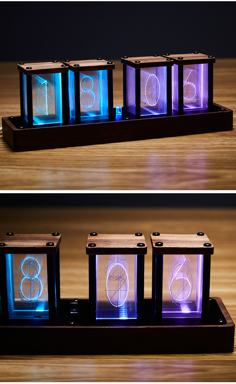 拟辉光管 拟辉光管时钟辉光闹钟rgb免安装北欧实木led桌面创意台钟